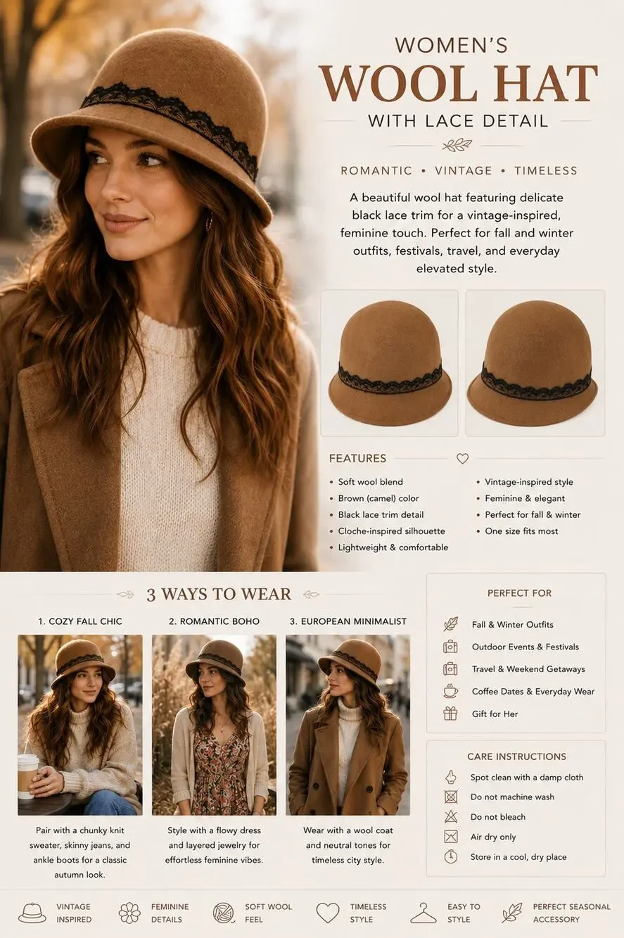 Womens Wool Cloche Hat Brown Lace Trim Vintage 1920s Boho Fall Winter Fedora